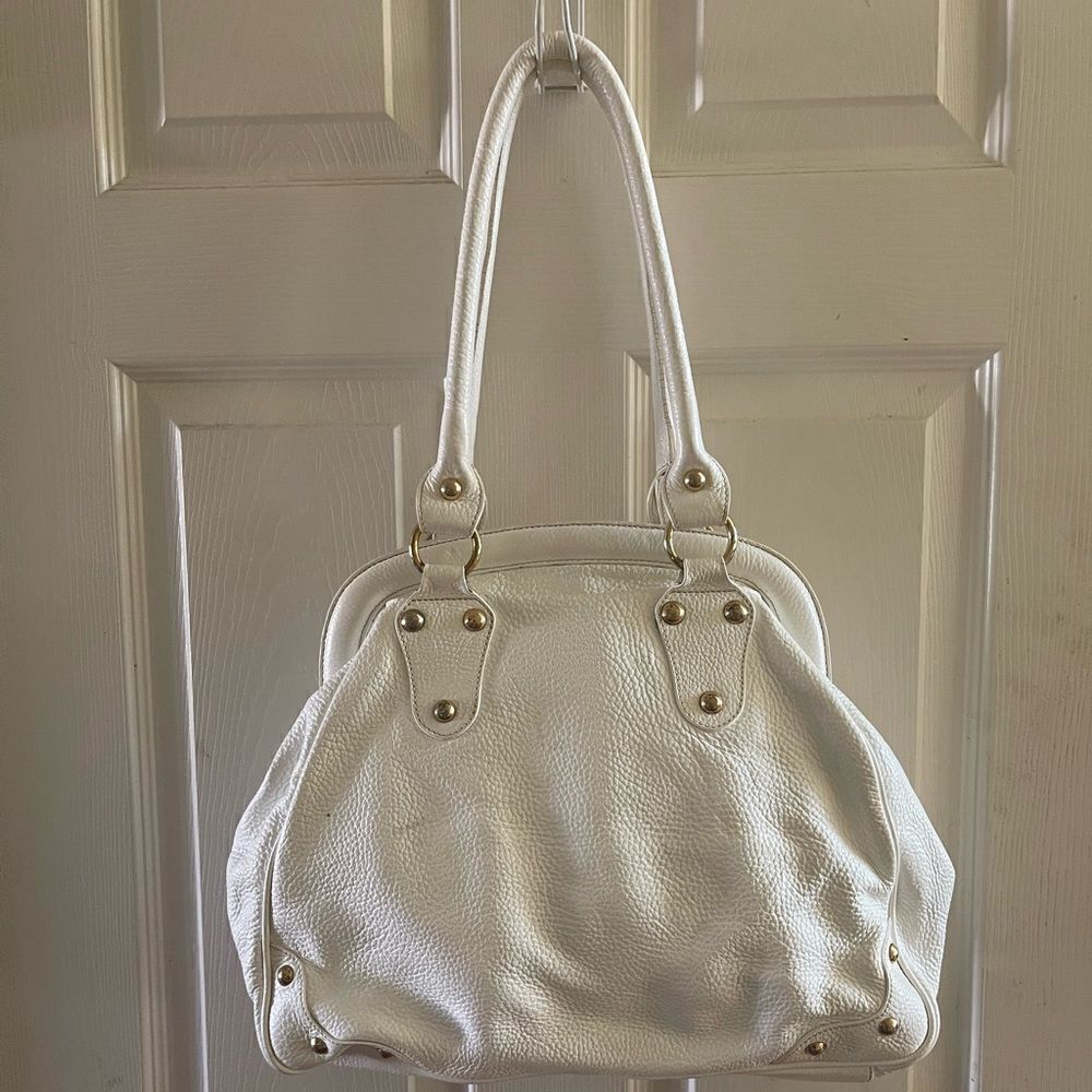 Guia’s made in Italy off white pebble leather Satchel with gold tone har…